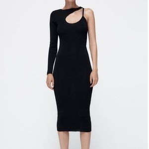 Zara Size S Black Knit One Shoulder Cut Out Bodycon Midi Dress